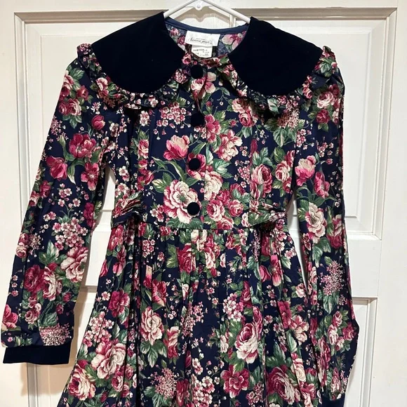 Vtg Bonnie Jean Girls Floral Prairie Dress Puff Sleeve Velvet Cottagecore Sz 14